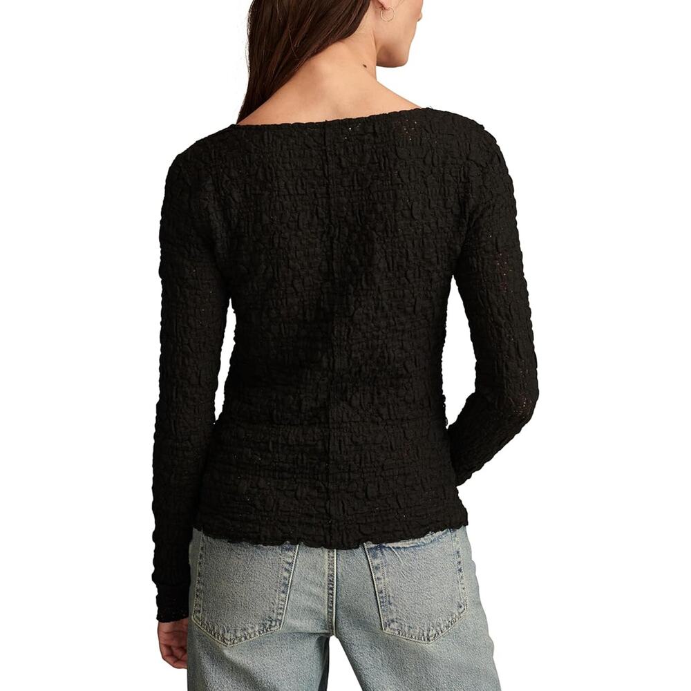 Lucky Brand Women's Small Jet Black Long Sleeve Textured Square Neck Top E12-4 - Picture 3 of 11